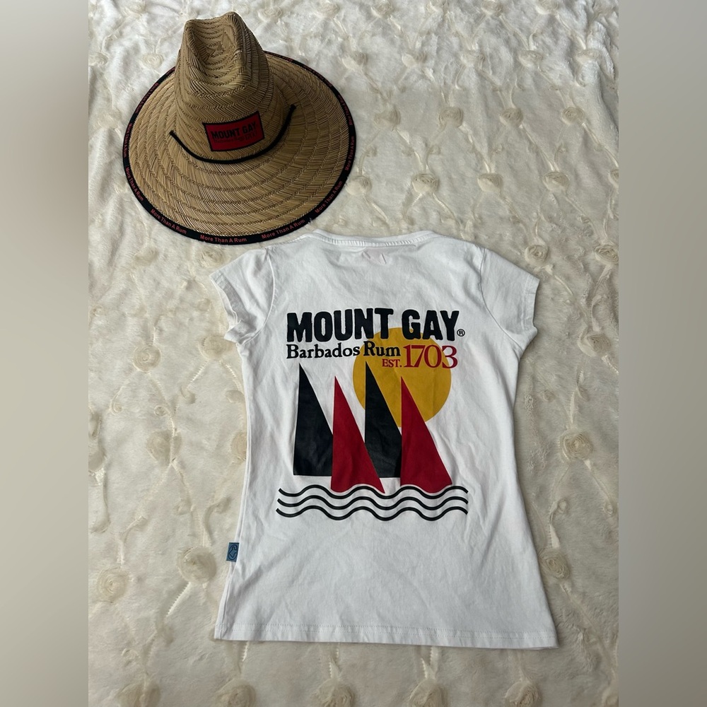 MOUNT GAY  Barbados Rum Graphic Tee & Straw Hat Regatta Sail Design Boat Grenada